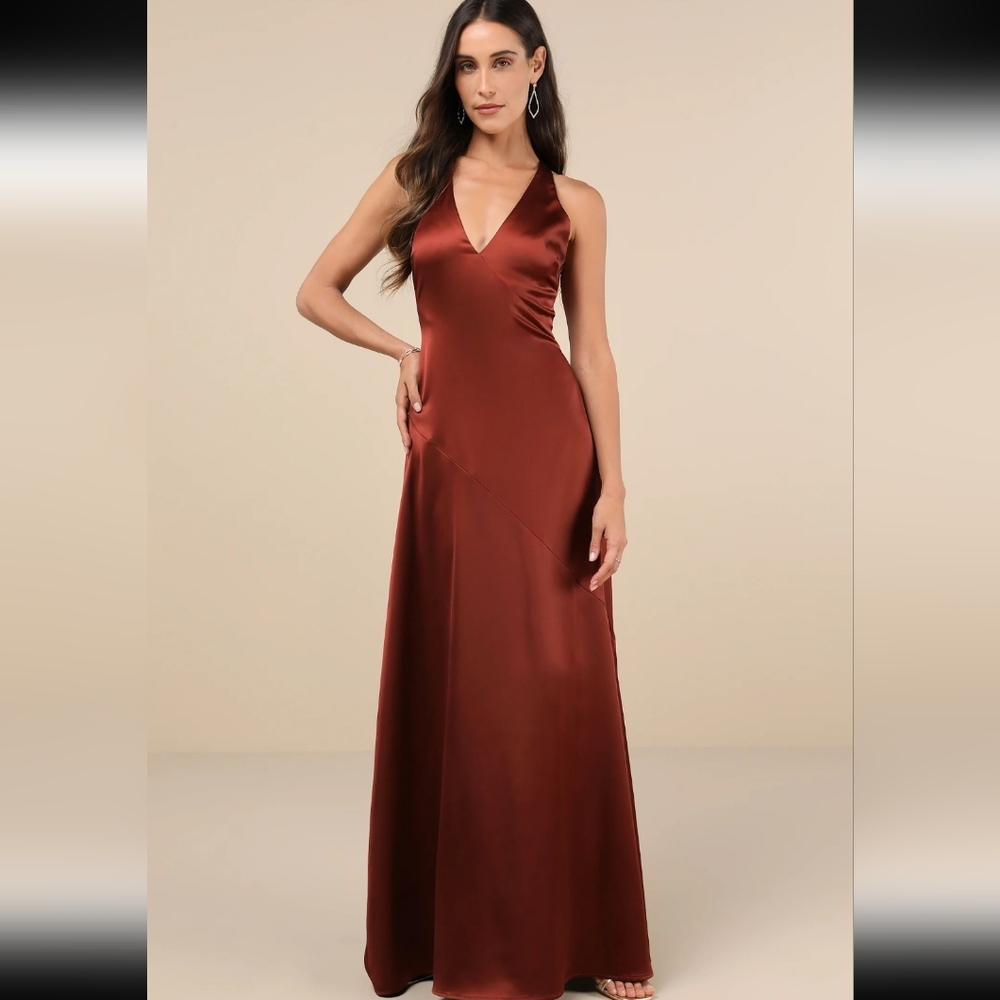 Lulus Purely Elegant Rust Brown Satin Twist-Back Maxi Dress